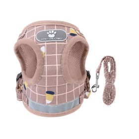 Pet Mesh Harness Dog Leash Set Reflective Chest Strap Adjustable Puppy Vest For Puppies Breeds Dogs Cats Walking Outdoor (Option: LeashPinkCheckeredXS)